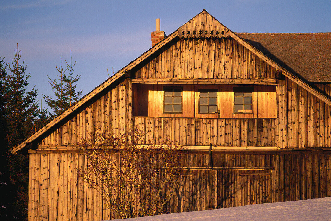 Winter landscape with wooden house, old Waldler house, Filipova Hut, Sumava, Bohemian Forest, Czech Republic