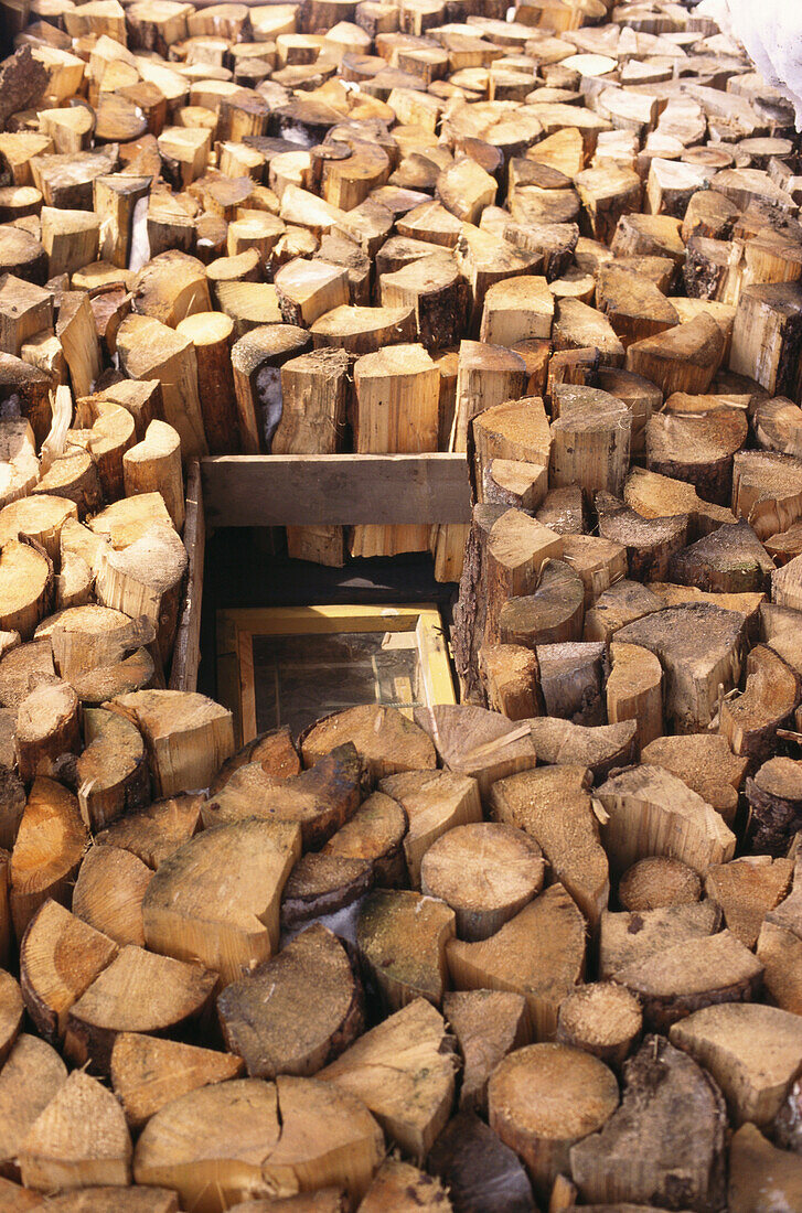 A huge pile of firewood, Wood Carver Tittl & Sohn, Horska Kvilda, Sumava, Bohemian Forest, Czech Republic
