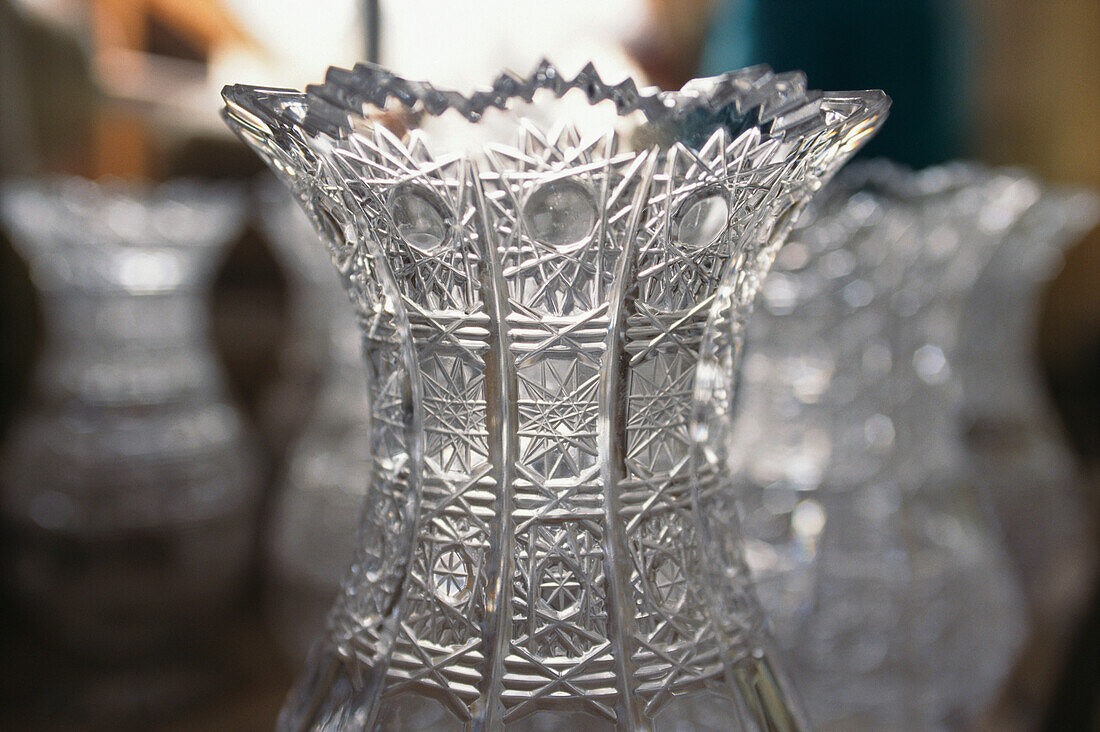 Close up of crystal glasses, Crystal Glas Factory, Sumava Annin, Bohemian Forest, Czech Republic