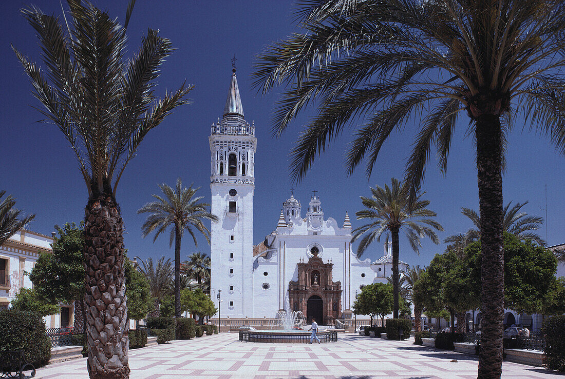 Weißgekalkte Kirche Iglesia de San Juan Bautista mit Palmen und Brunnen auf der Plaza Mayor, La Palma del Condado, Provinz Huelva,Costa de la Luz, Andalusien, Spanien