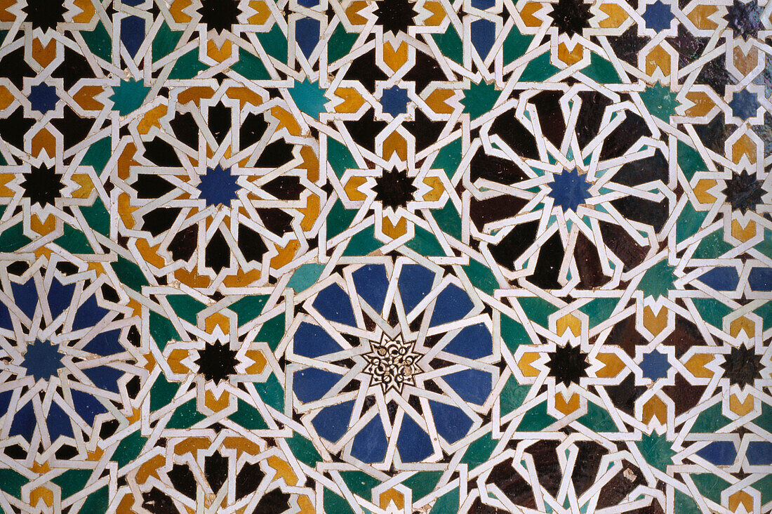 Artful mosaic at Sala de los Embajadores hall in the moorish palace Alhambra, Granada, Andalusia, Spain