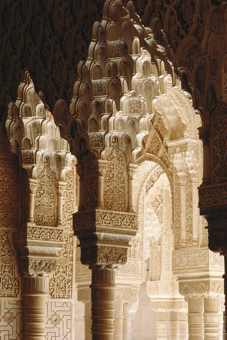 Close up of pillars in the court of the Lions, Patio de los Loenes, in Alhambra Palace, Granada, Andalusia, Spain