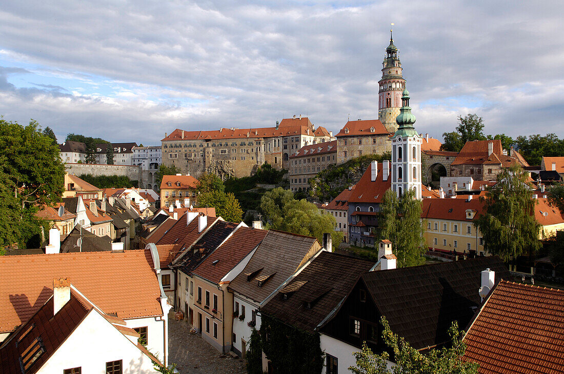 Prospect of castle and Church St. Jodokus, Cesky Krumlov, Krumau, Czech Republic