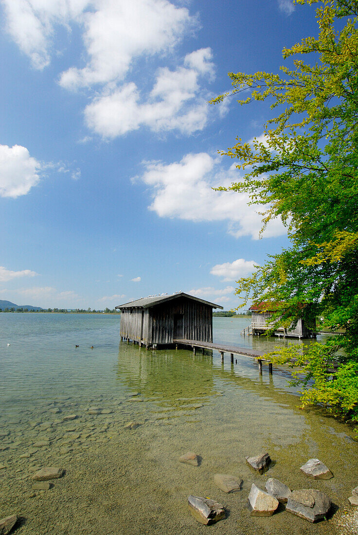 Bootshäuser mit Steg am Kochelsee, Oberbayern, Bayern, Deutschland