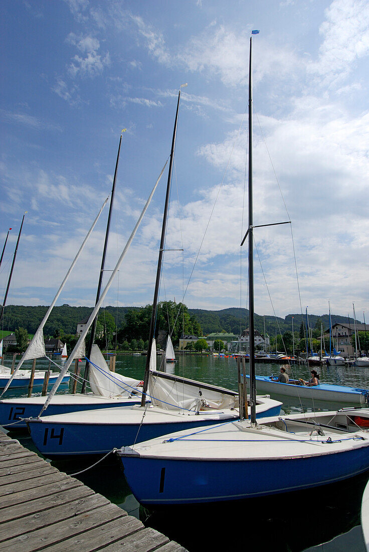 landing stage with sailing boats, lake Mattsee, Salzkammergut, Salzburg, Austria