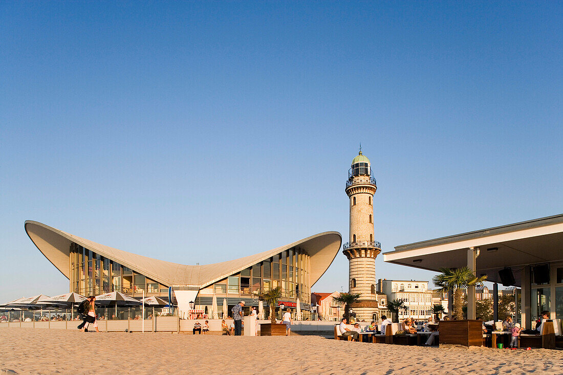 Beachbar near Teepott and Lighthouse, Rostock-Warnemuende, Baltic Sea, Mecklenburg-Western Pomerania, Germany