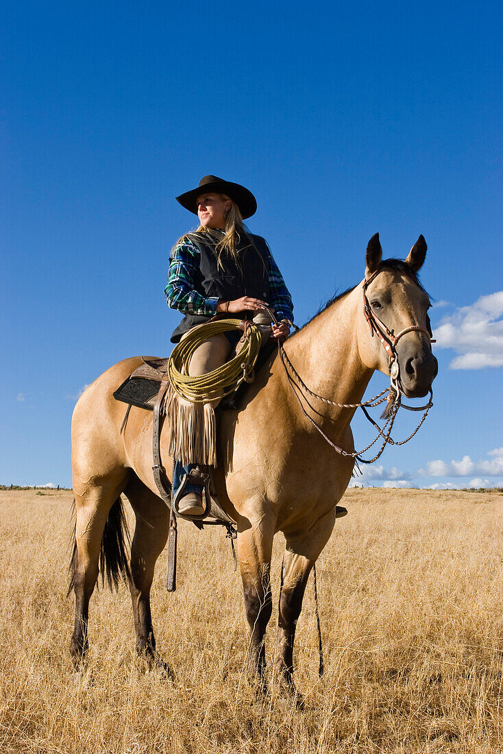 Cowgirl auf Pferd, Oregon, USA