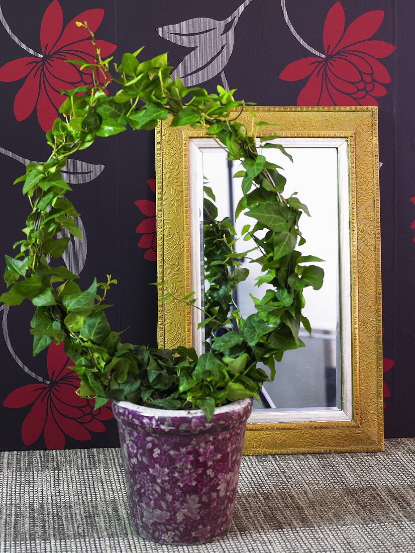 Wreath shaped plant in a pot and mirror in front of black wallpaper with a floral pattern