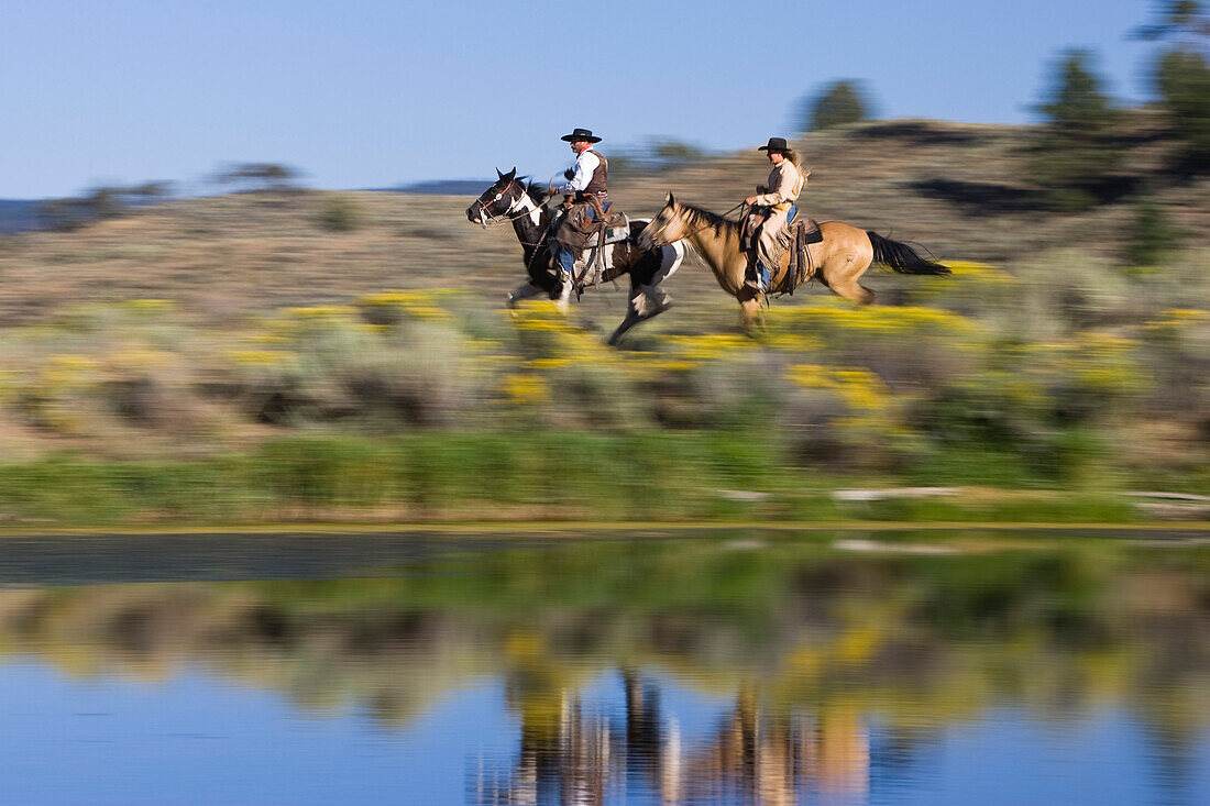 Cowgirl und Cowboy reiten, Wilder Westen, Oregon, USA