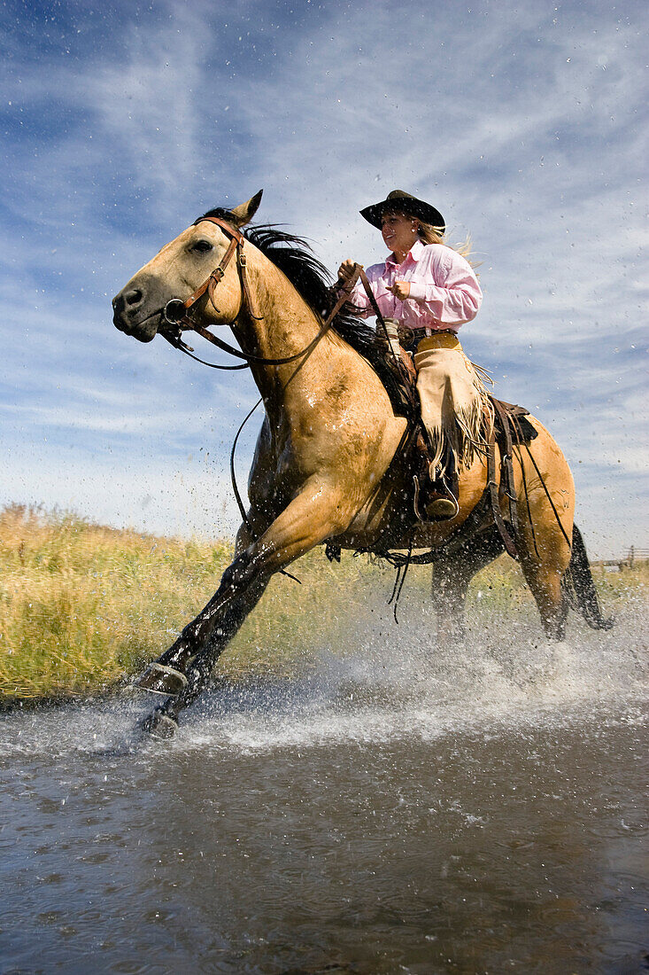 Cowgirl reitet durch Bach, Oregon, USA