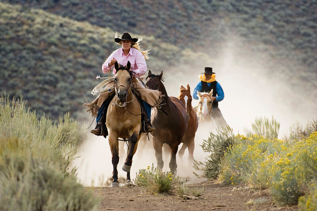 cowgirl and cowboy with horses, Oregon, USA
