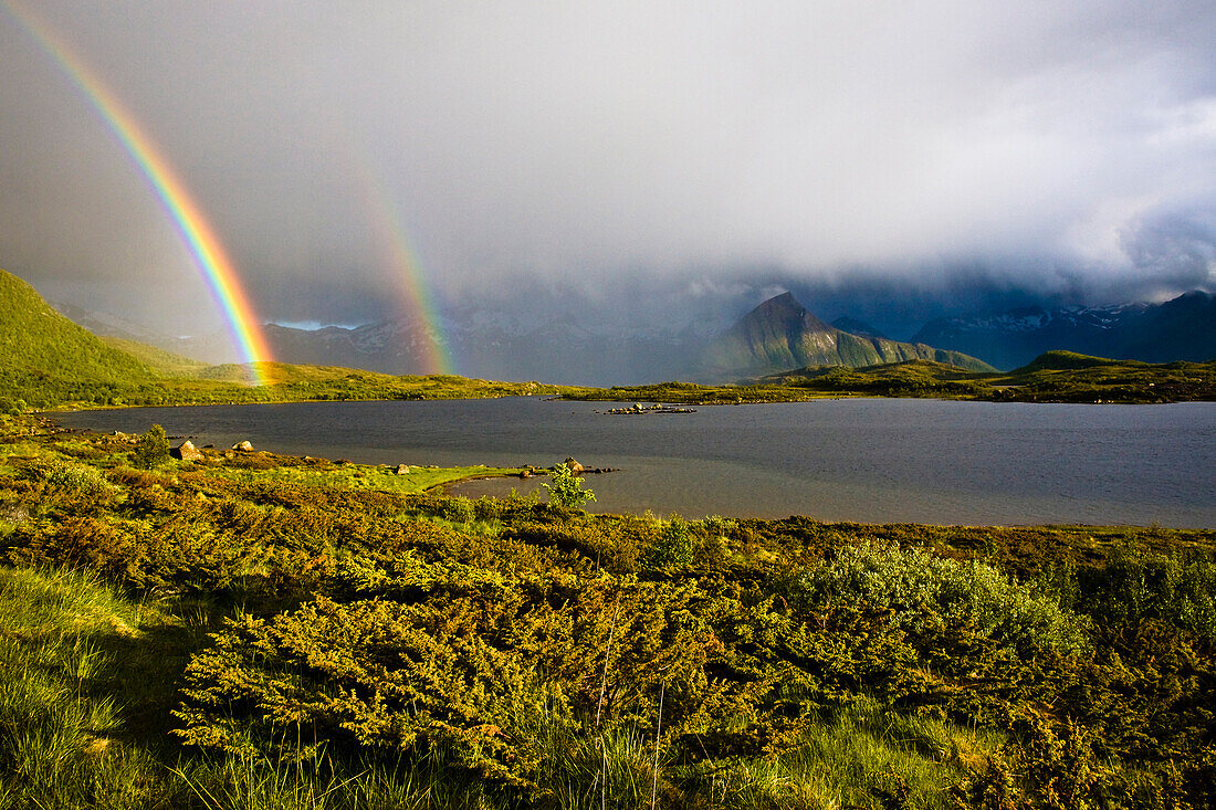 Doppelter Regenbogen, Regenschauer und Sonnenstrahlen bei Sandsletta, Insel Austvagoya, Lofoten, Norwegen