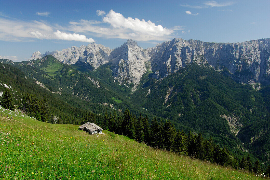 alpine hut of Hinterkaiserfeldenalm with view to Wilder Kaiser range, Kaiser range, Tyrol, Austria