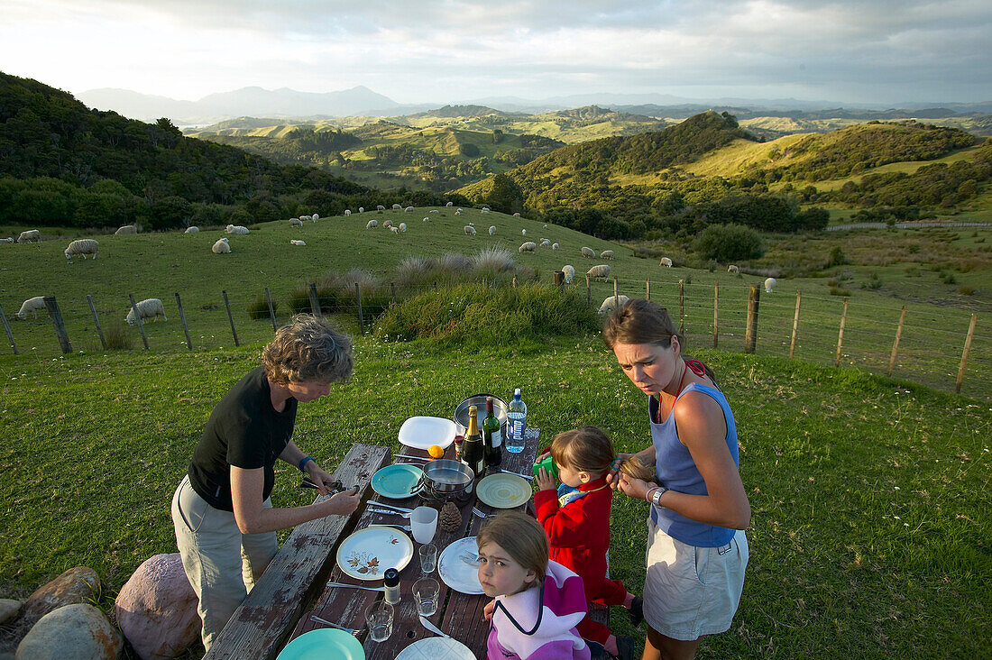 Dinner at campsite, sheep meadows, Okopako Lodge, near Opononi, Hokianga Harbour, Northland, North Island, New Zealand