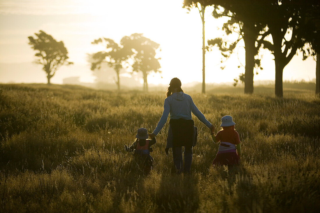 Mutter und Kinder laufen durch hohes Gras, Sonnenuntergang an der Westküste, bei Haast, Südinsel, Neuseeland