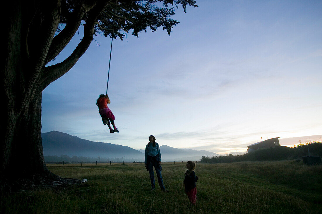 Kinder an Schauckelseil an riesigem Baum, Sonnenuntergang, Strand bei Haast, Westküste, Südinsel, Neuseeland