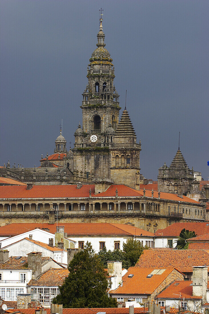 West view of the old clock tower, Torre del Reloj, before thunderstorm, Santiago de Compostela, Galicia, Spain