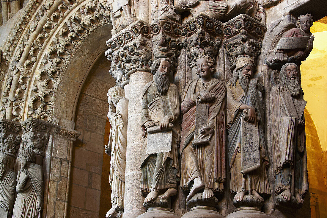 Sculptures by Meister Mateo, El Portico de la Gloria, westside of the cathedral, Catedral de Santiago de Compostela, Santiago de Compostela, Galicia, Spain