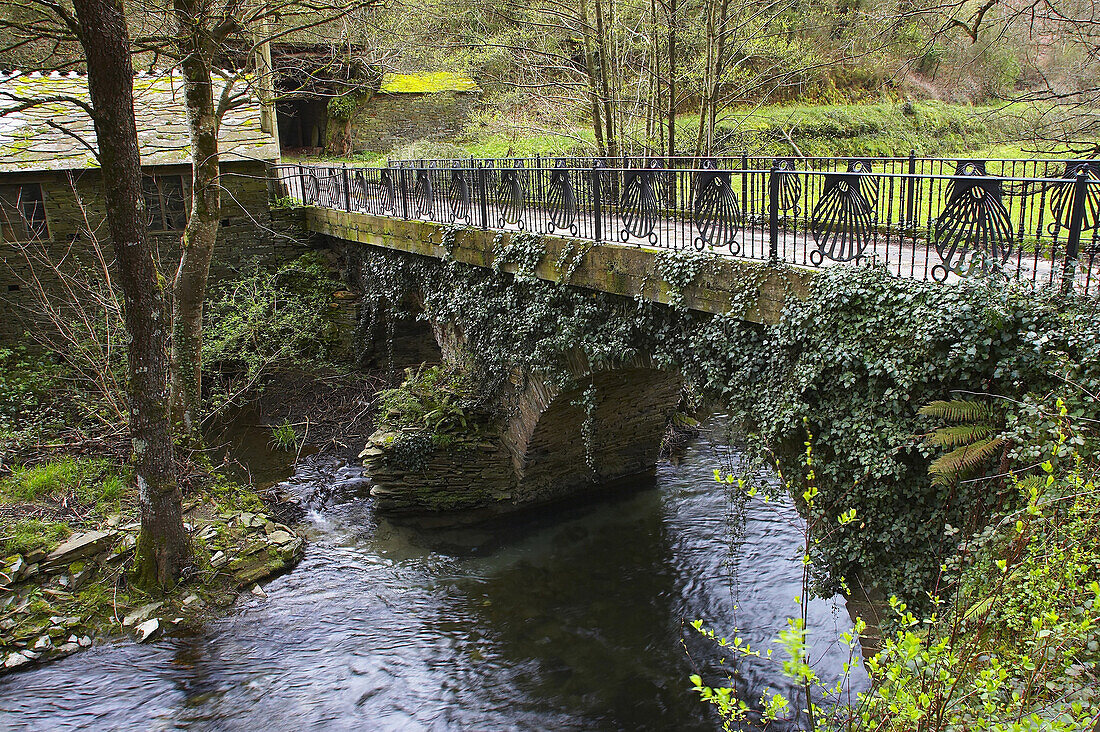 Brücke mit Muschelgeländer bei Samos, Galicien, Spanien