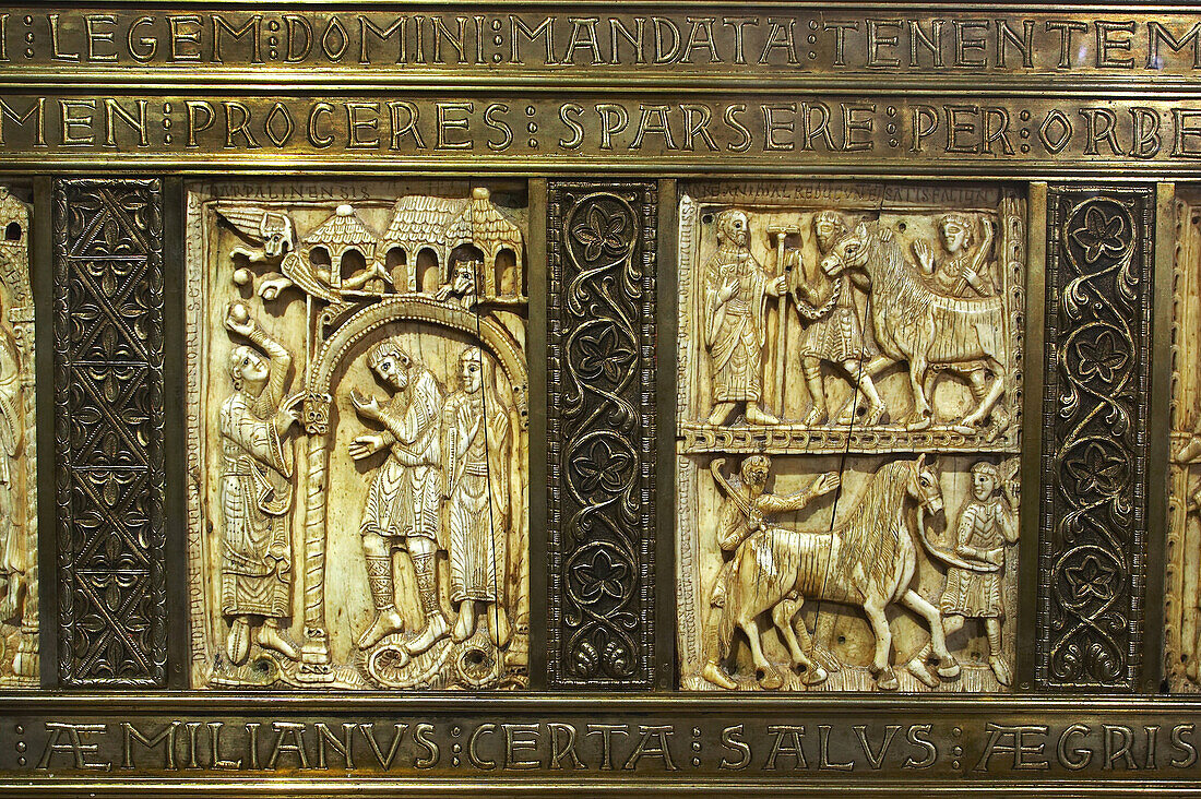 Interior view showing ivory carvings of St. Millan, monastery, Monasterio de Yuso, San Millan de la Cogolla, La Rioja, Spain