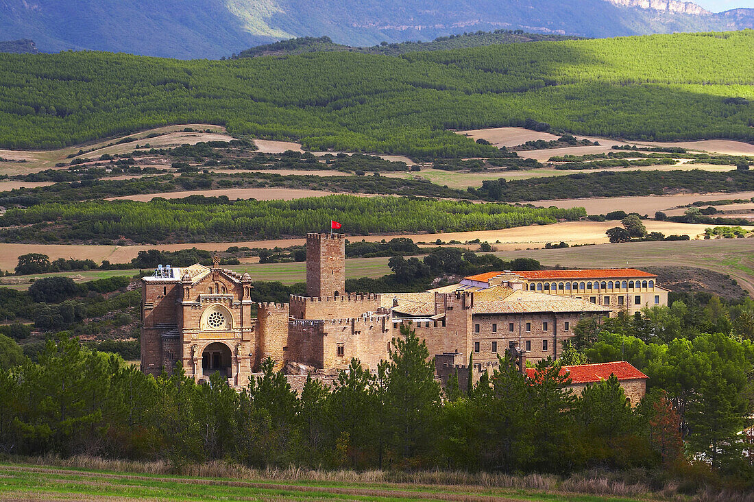 Landscape and mountains with castle, Castillo de Javier, Francisco Javier 1506, near Sangüesa, Navarra, Spain