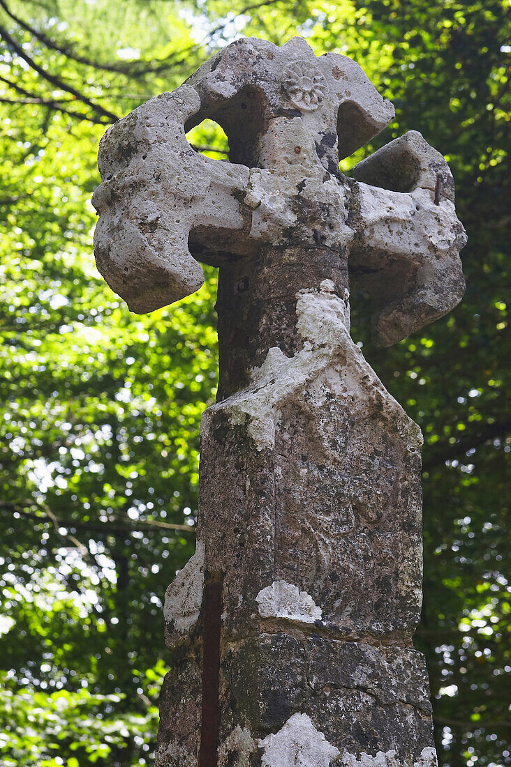 Close up of a stone cross, pilger cross, near Roncesvalles village, Camino de Santiago, Navarra, Spain