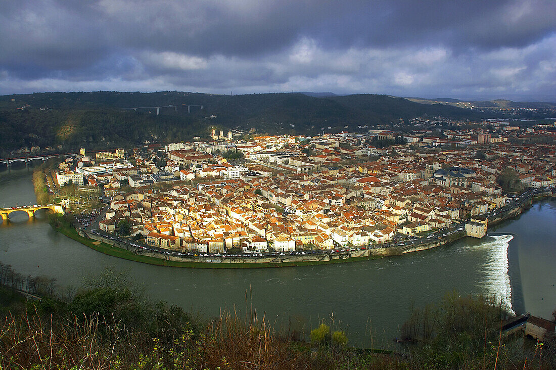 View of the town, city of Cahors from Mont St. Cyr, River Lot valley, Department Lot, France