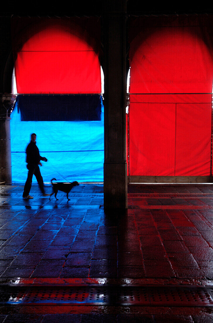 Man with dog at fish market, Venice, Veneto, Italy