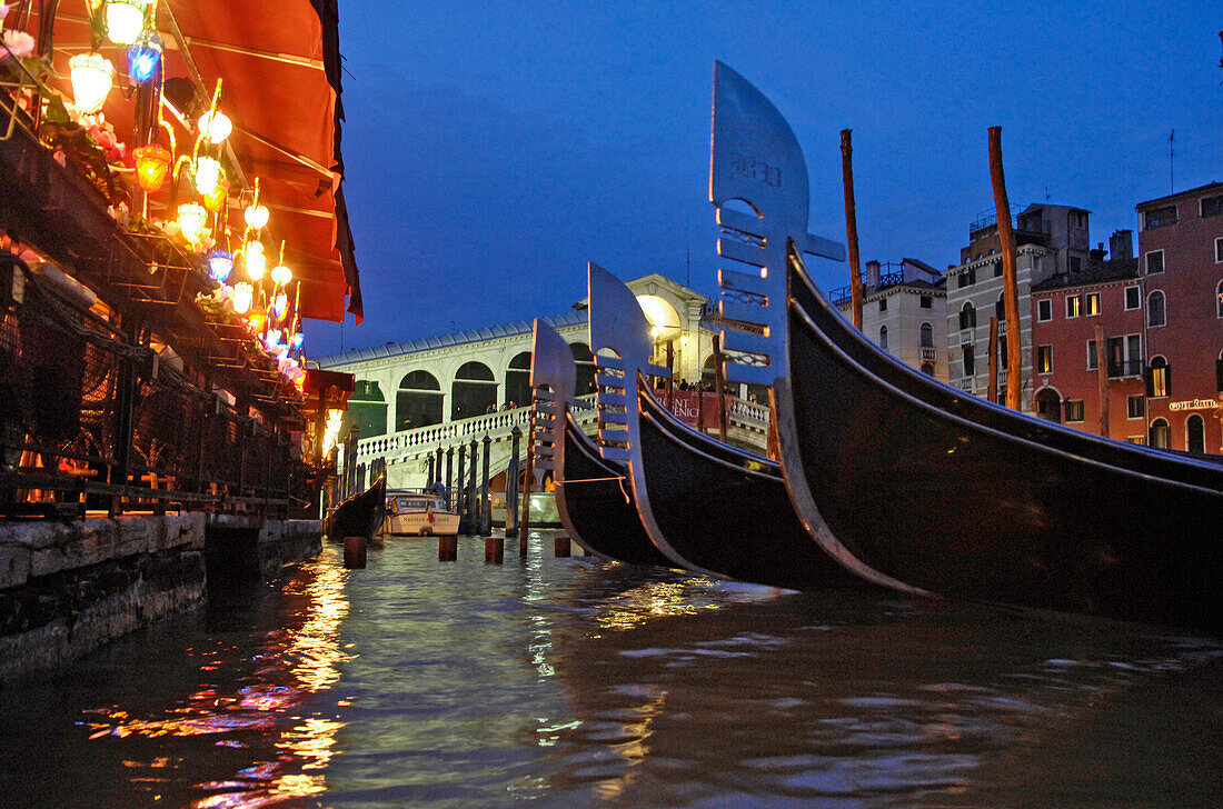 Restaurants, Gondola, Rialto Bridge, Venice, Veneto, Italy