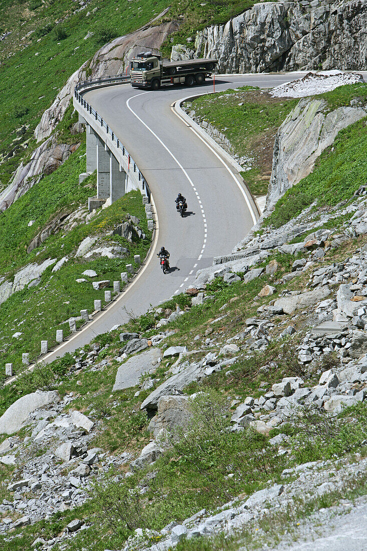 Motorbike tour in June across the Alps, Grimsel Pass, Lake Grimsel with ice floes, family touring with sidecar, girl, MR, Canton Berne, Switzerland, Europe