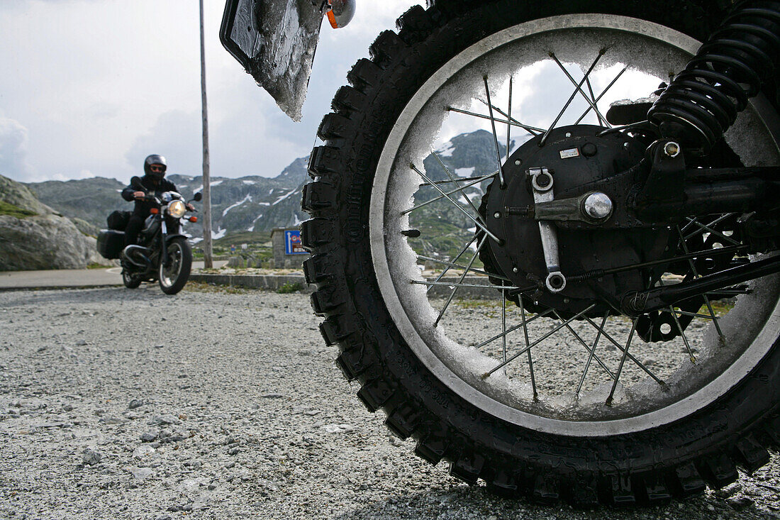 Motorbike tour in June across the Alps, spokes, wheel, Grimsel Pass, Canton Berne, Switzerland, Europe