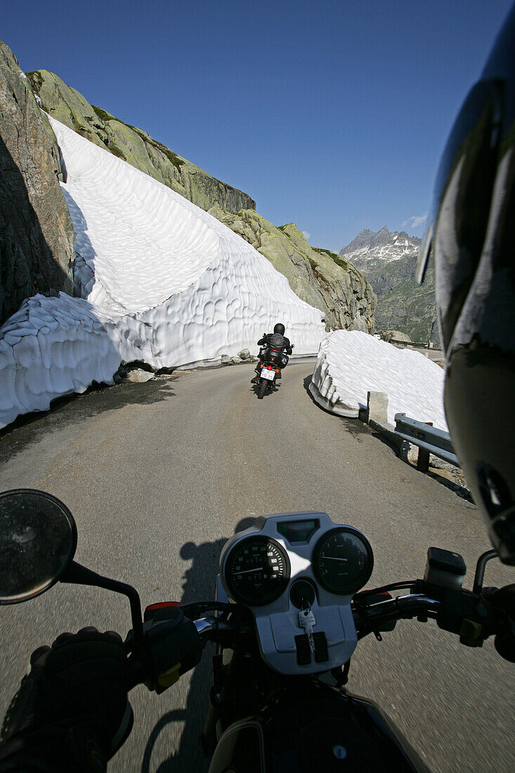 Motorbike tour in June across the Alps, front wheel, action, movement, Grimsel Pass, Canton Berne, Switzerland, Europe