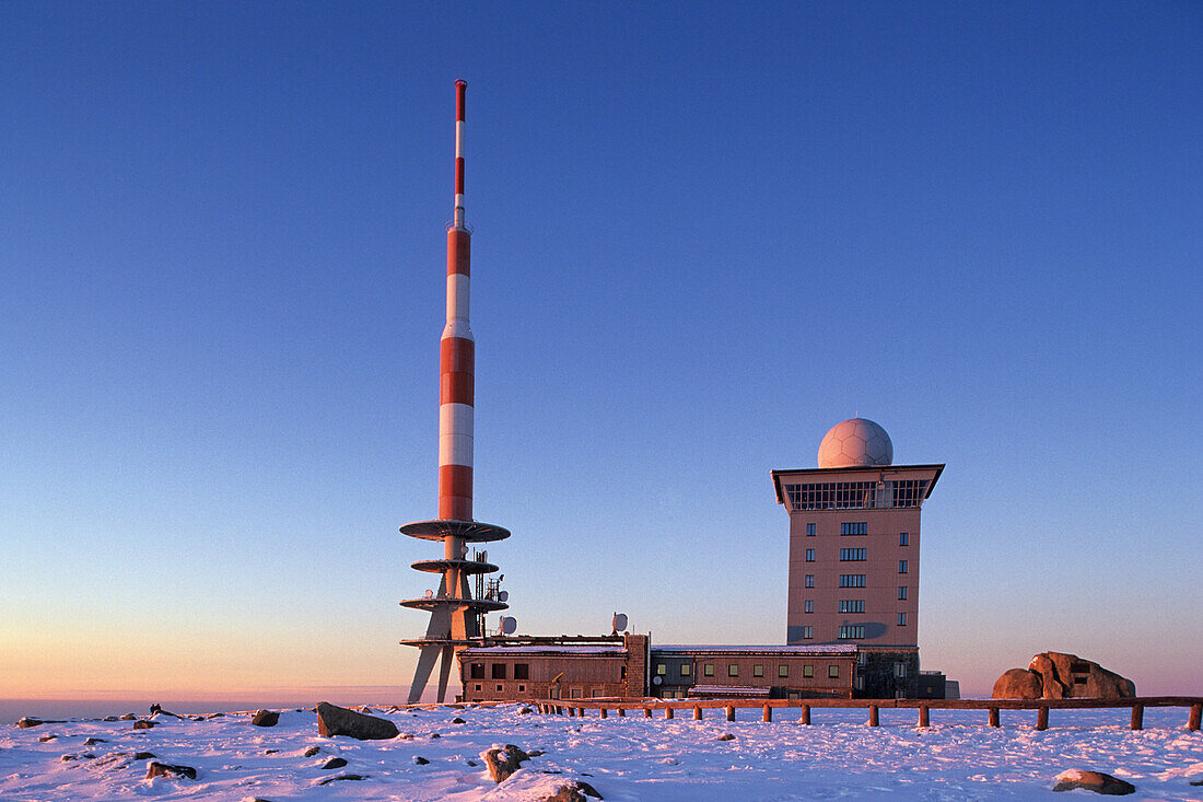 Snow covered Brocken summit in twilight, Schierke, Harz Mountains, Saxony-Anhalt, Germany