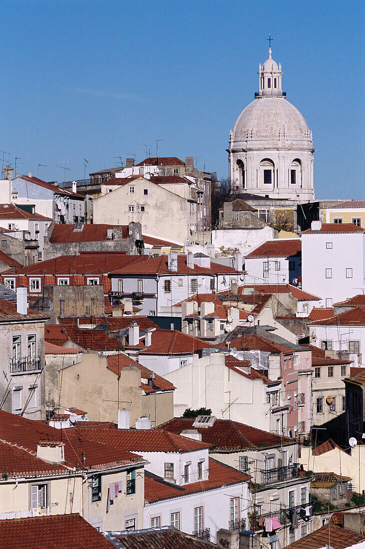 View on Alfama quarter with National Pantheon of Santa Engracia in background from Santa Luzia viewpoint. Lisbon. Portugal