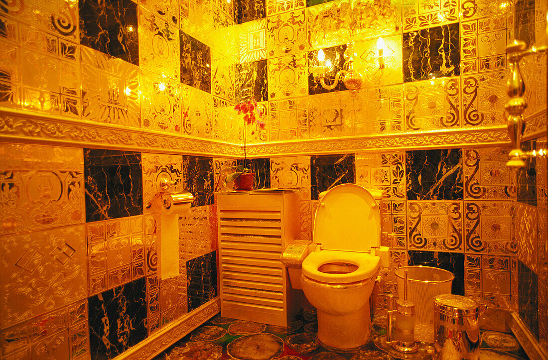 Gold, rubies, pearls, sapphires and emeralds bathroom. Hang Fung Gold Technology group. Guinness Book of Records most expensive bathroom. Hong Kong. China.