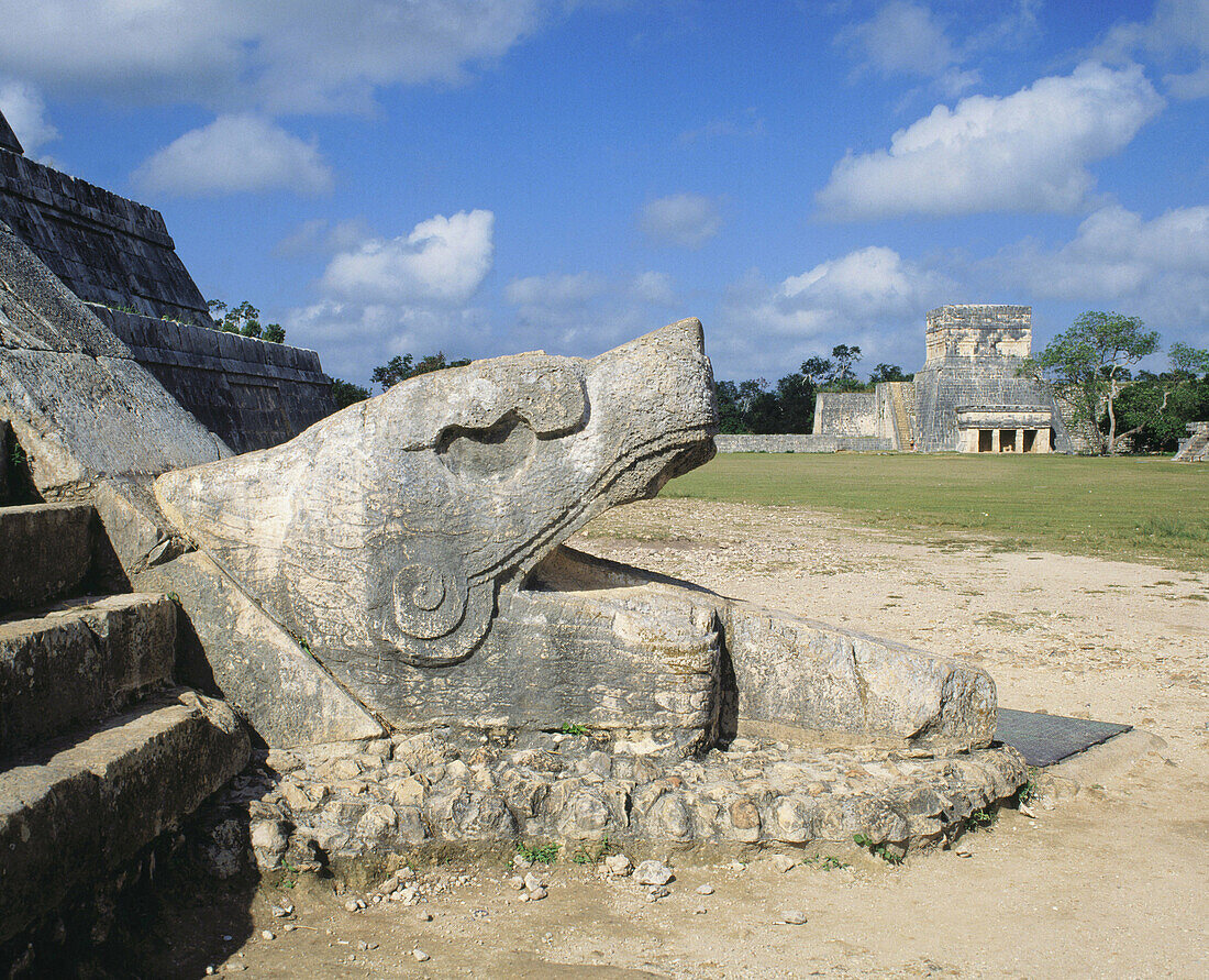 Plumed serpent and ball game court. Chichen Itza. Yucatan. Mexico