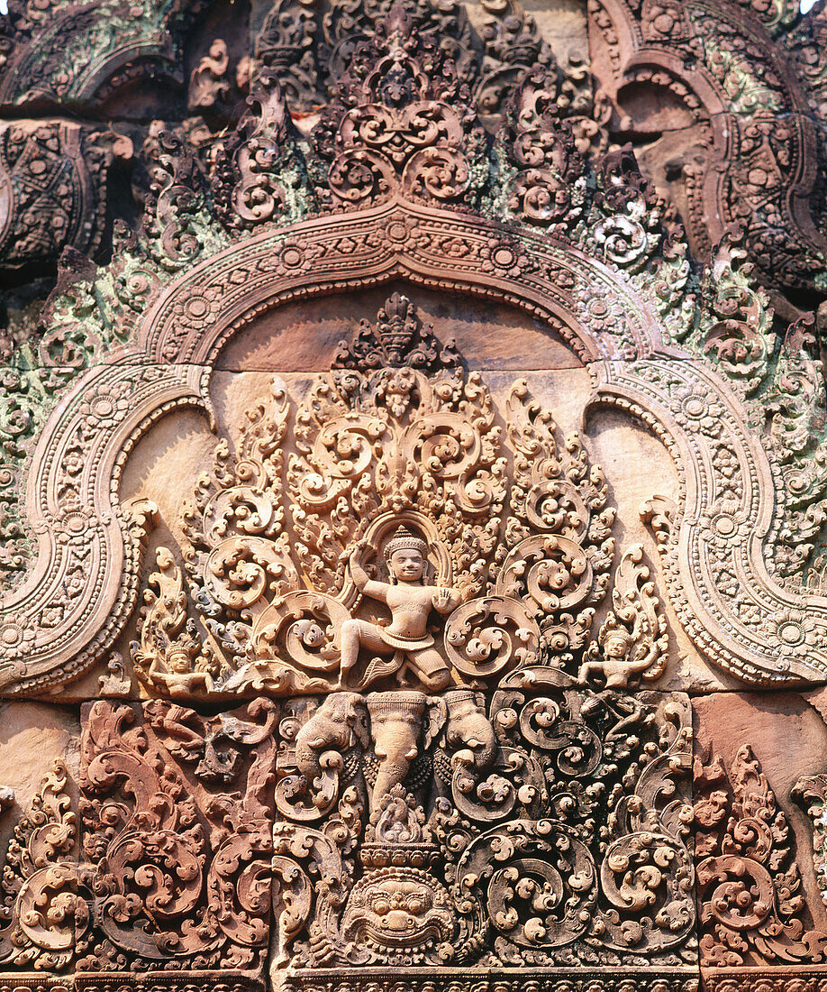 Temple pediment of Banteay Srei, complex of Angkor Wat. Angkor. Cambodia