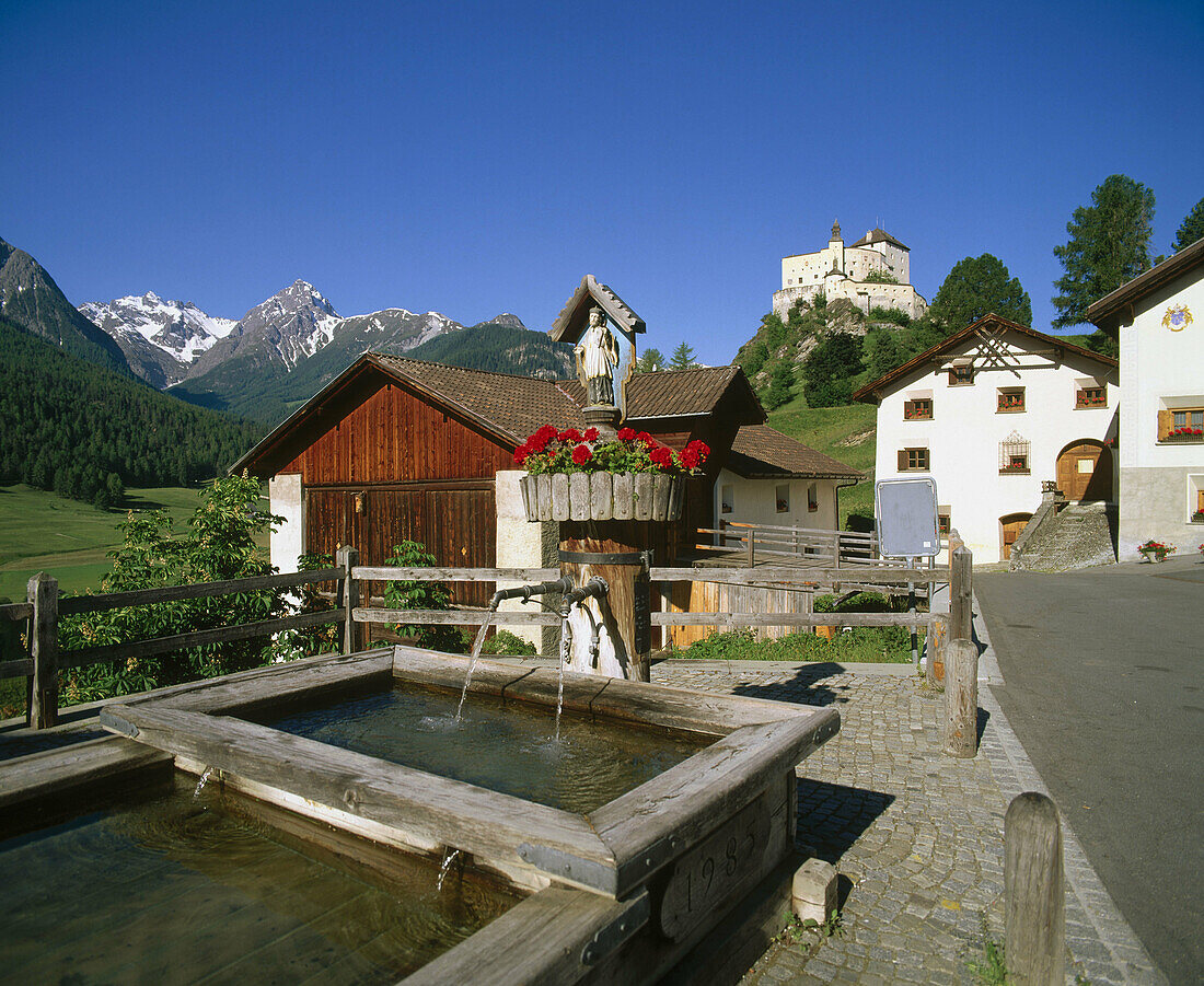 Ftan village and Tarasp castle. Graubünden. Switzerland