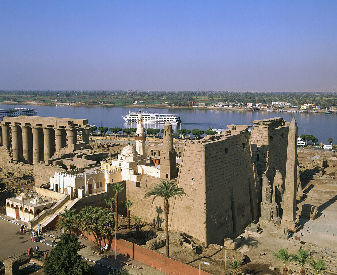 Elevated view of the temple and Nile River. Luxor. Egypt