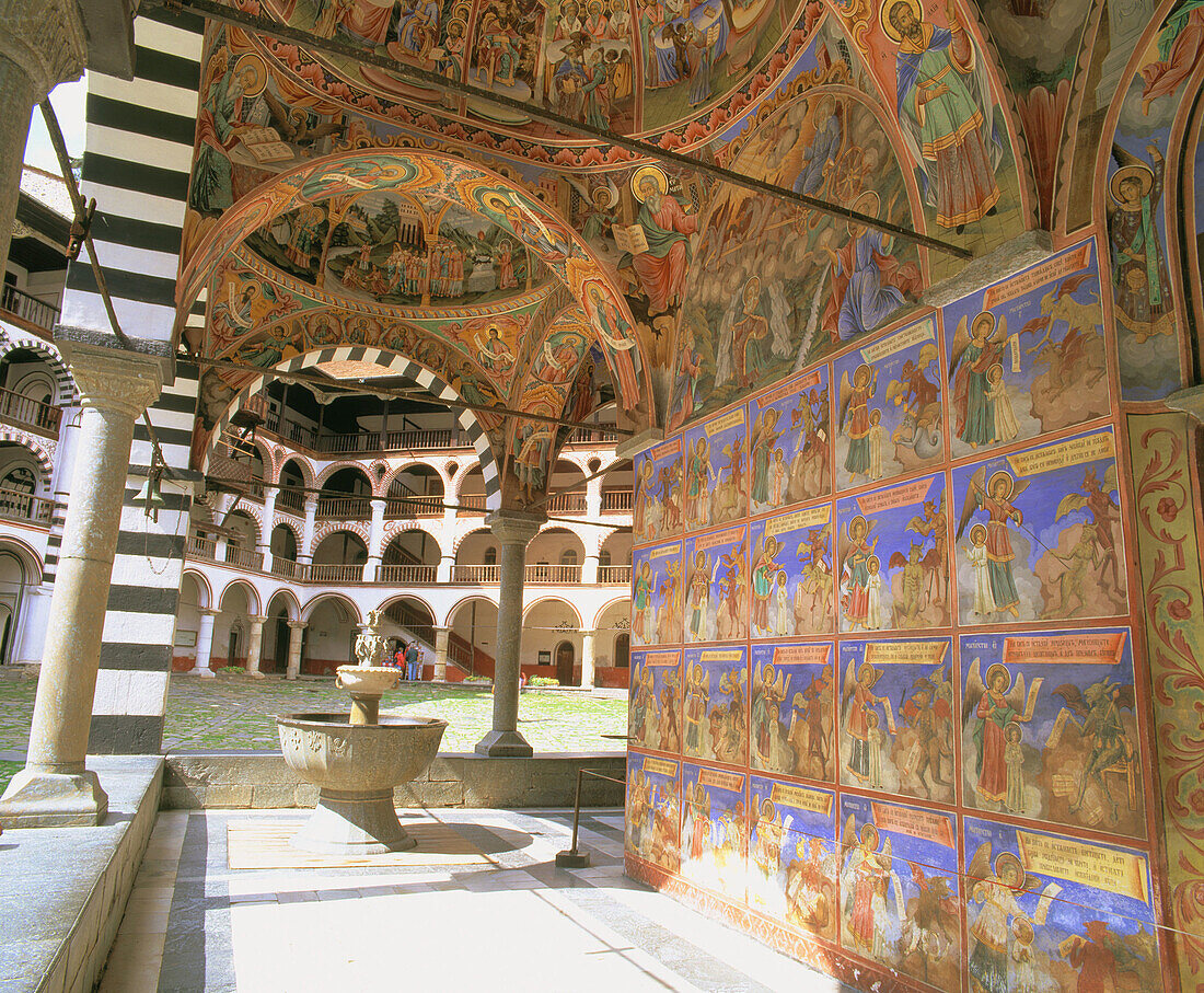 Mural paintings at interior, Rila Monastery. Bulgaria