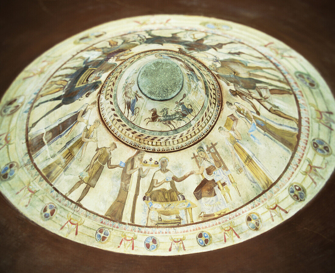 Ceiling painting at interior of Thracian burial tomb of an unknown ruler from the 4th or 3rd century BC. Kazanluk. Bulgaria