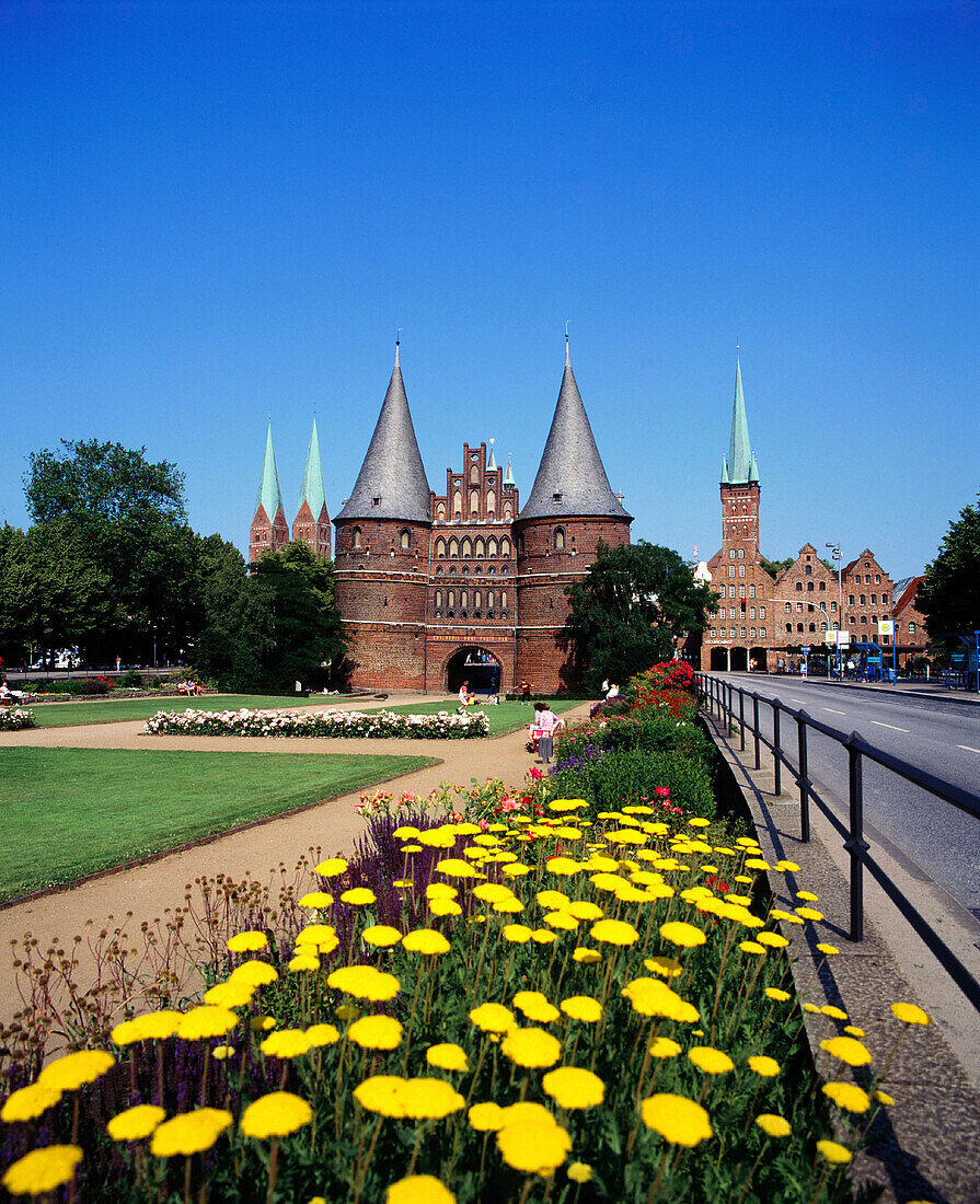 Holstentor gate and gardens. Lübeck. Germany
