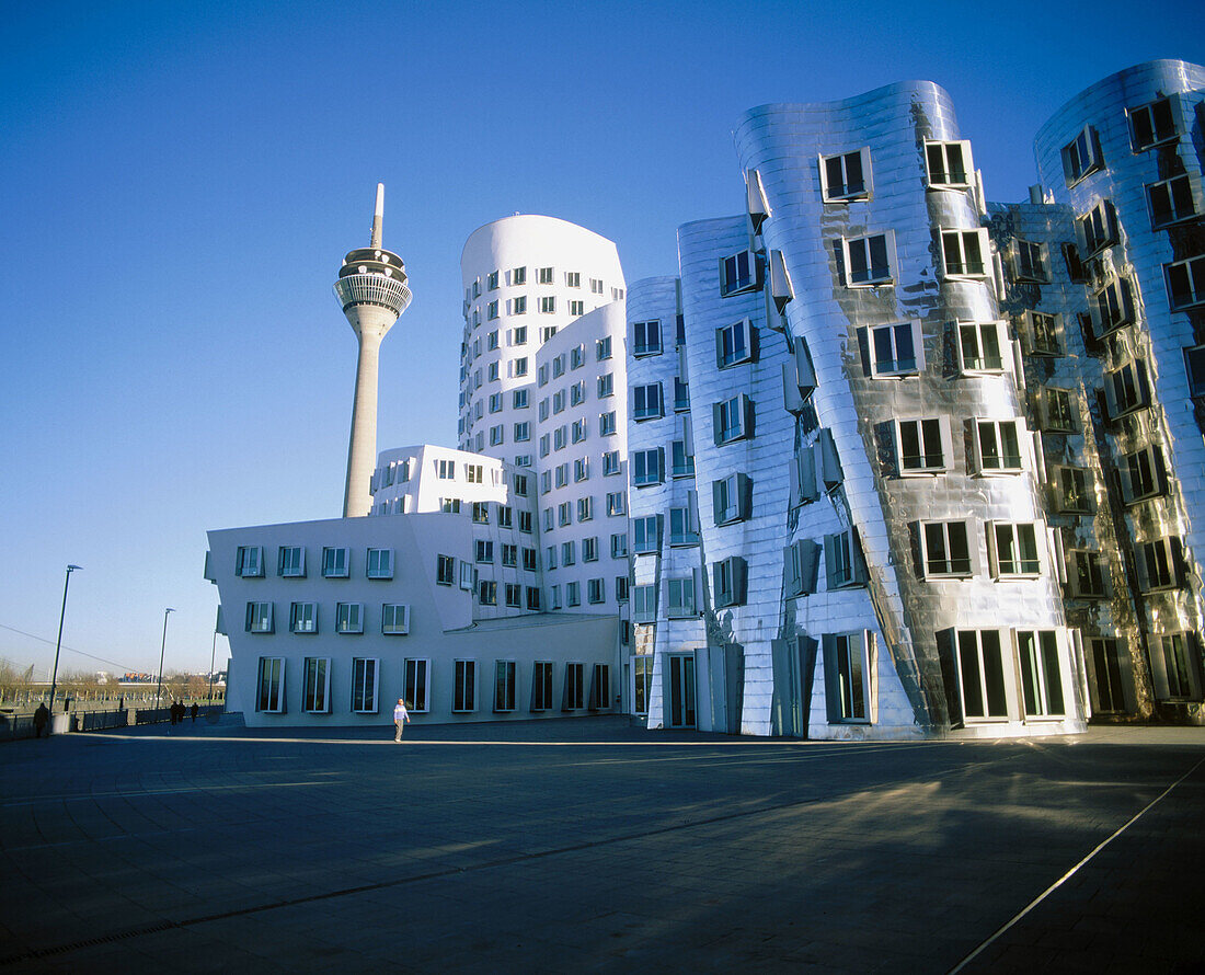 Radio & TV tower and Neuer Zollhof building at Unterbilk district. Düsseldorf. Germany