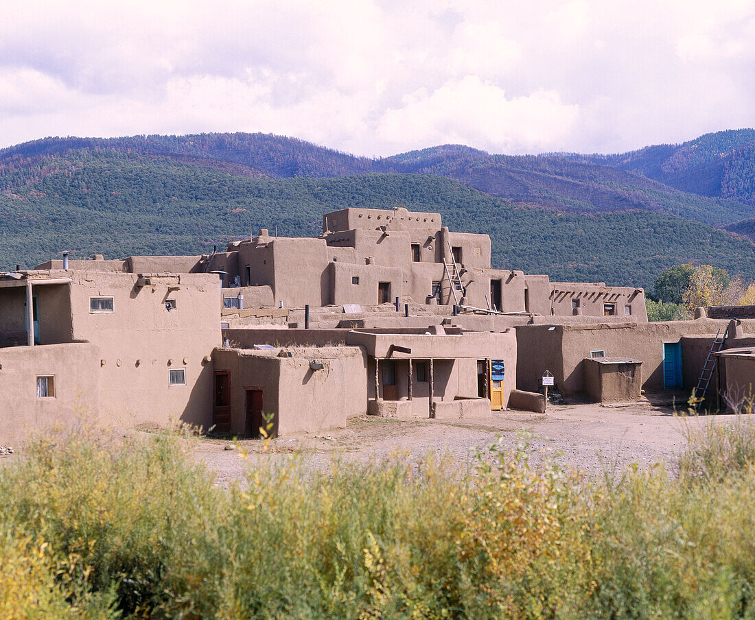 View of adobe buildings. Taos Indian Pueblo, Taos. New Mexico, USA
