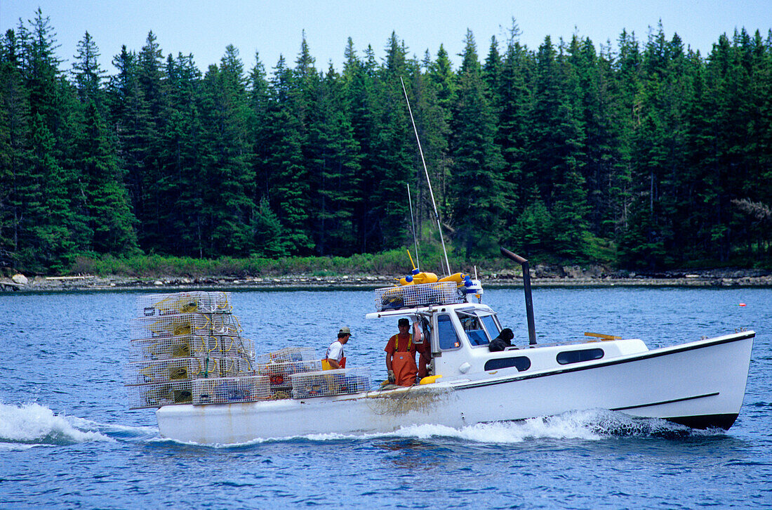 Fishing boat carrying lobster traps, Maine, ,USA