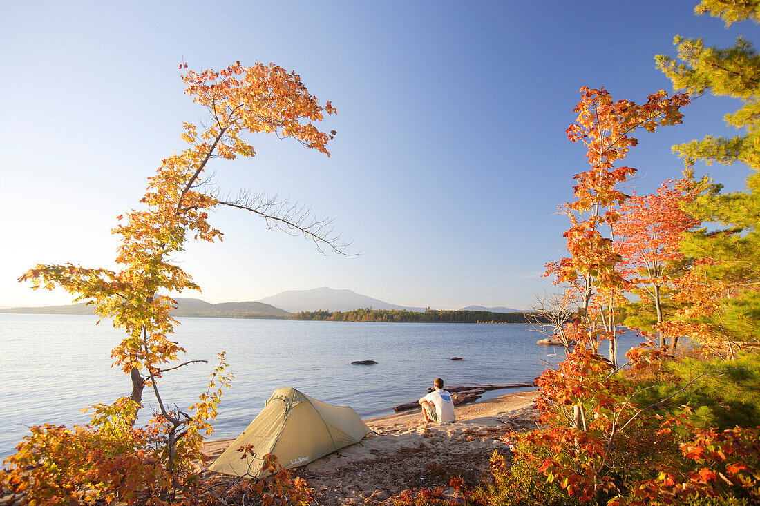 Enjoying the view over Lake Millinocket and Mount Katadhin in autumn, Maine, ,USA