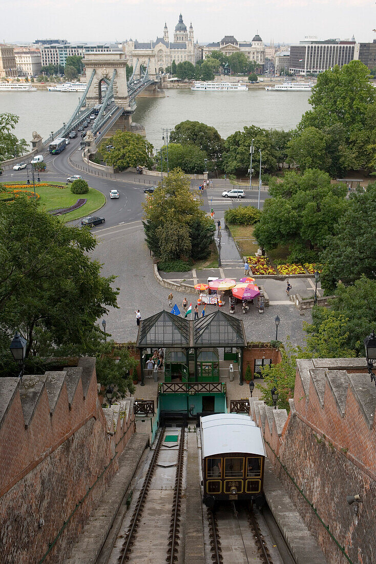 Castle Hill Funicular Railway and Chain Bridge, View from Buda, Budapest, Hungary