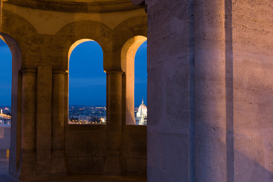 Fishermen's Bastion and Parliament Building at Dusk, Buda, Budapest, Hungary