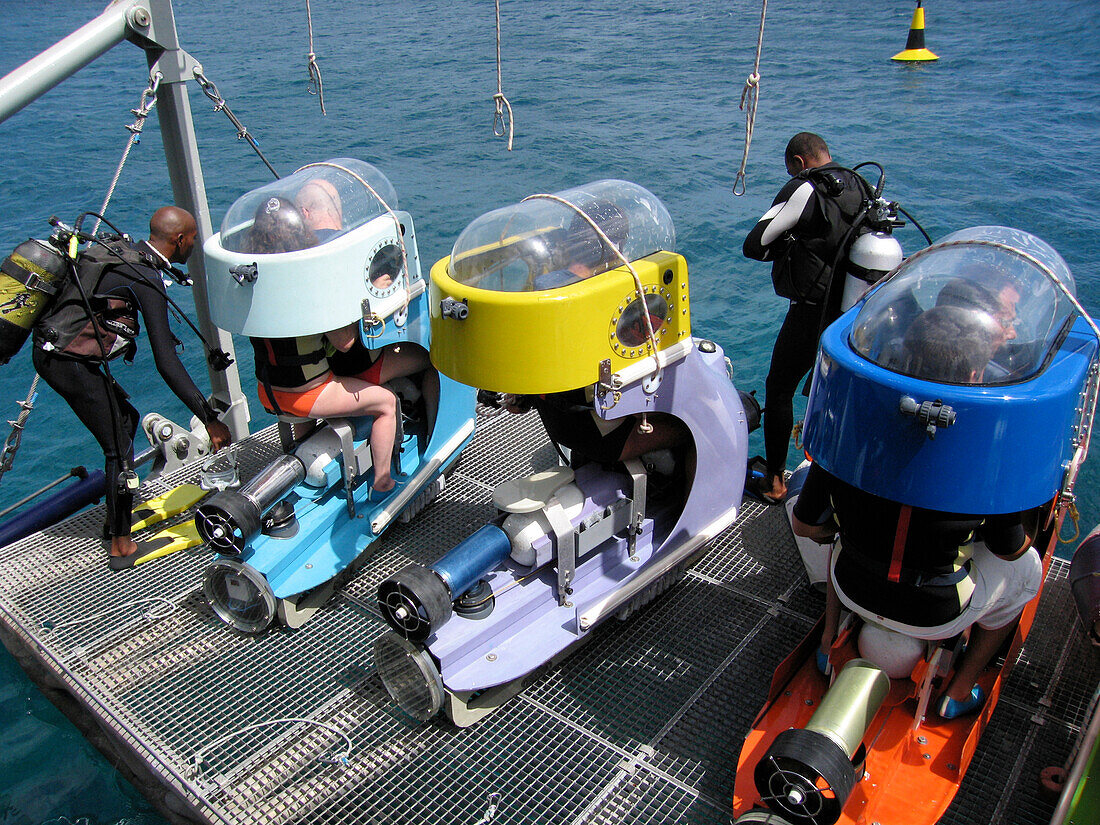 Sub-Scooters Being Lowered From Operations Platform, Blue Safari Submarine, Trou aux Biches, Riviere du Rempart District, Mauritius