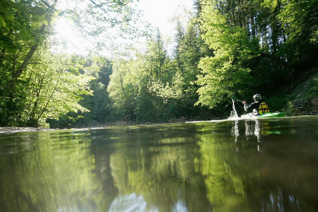 Kayaker on river Mangfall, Upper Bavaria, Bavaria, Germany, MR